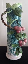 Exquisite Vintage Italian Barbotine Majolica 12" Tall Cherries Vase