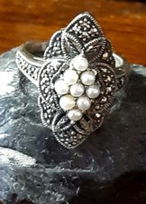Ring - Silver - Microbeads And Marcassite - Lav. Art Deco Handcrafted