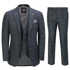Hommes 3 Pièce Costume Tweed Chevron Bleu Marine Carreaux Rétro Ajusté à Pic