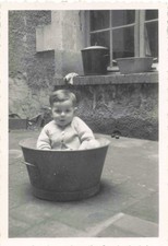 OLD PHOTOGRAPH ~1950 LITTLE BOY POSES IN A BASIN