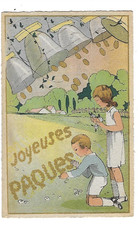 Old postcard Happy Easter children bells eggs illustrator