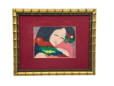 Walasse Ting Art Lady With Parrot 10' x 8"  Matted Gold Tone Bamboo Frame
