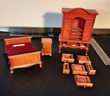 Vintag 1:16 Miniature Doll House Furniture - 3 Pc Wood Bed, Wardrobe, Nightstand