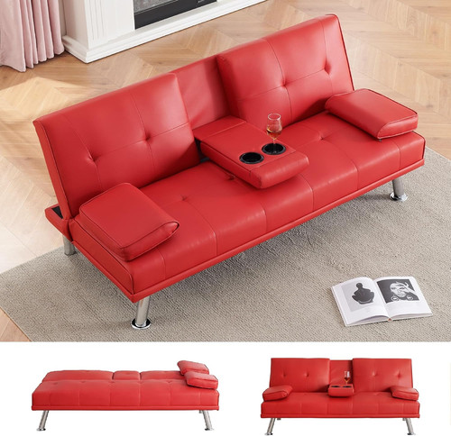Stylish red leather futon - red,