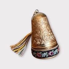 Vintage Etui Sewing Kit Bell Shape Brass Embossed Case Thimble Thread