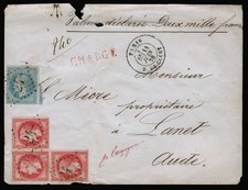 Lettre rare avec équerre de 3 Napoléon laurés 80c N°32 Paris-Lanet Aude 1870