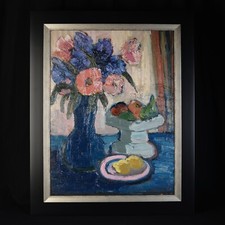 Oil On Panel Still Life Bouquet of Flowers Blue Vase Pink Plate