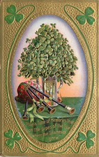 Embossed St. Patrick's Day Postcard Uilleann Bagpipes & Vase Of Shamrocks