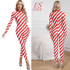 Womens Christmas Candy Cane Jumpsuit Striped Full Bodysuit Santa Xmas Costume