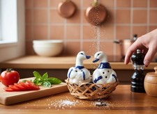 Blue and White Ceramic Ducks Salt and Pepper Shaker Set, Basket