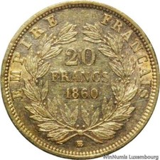 EE0240 Rare France 20 Francs Napoléon III 1860 BB Strasbourg Or Gold AU SUP