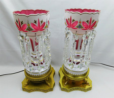 Bohemian Czech PAIR Cased Glass Mantle Lustres Cranberry White Crystals ELECTRIC