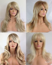 Long Blond Femmes Mode Cheveux Perruque Ouverte Ondulés Bouclés Superposé Frange