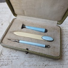 Nécessaire d'Ecriture Email Guilloché Bleu Argent Sceau Porte Mine Coupe Papier