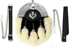 Kilt Sporran Costume Complet Lapin Blanc Fourrure & Chrome Cantle Celtique Avec