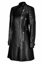 Manteau long noir élégant trench en cuir véritable pour femme
