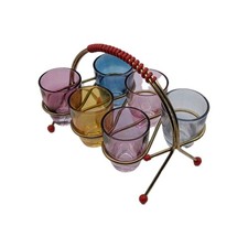 1960s Mid Century Modern Atomic Arcoroc France Lustre Shot Glasses In Wire Stand