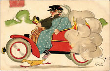 PC ARTIST SIGNED, GUY, BURNING RACE CAR, Vintage Postcard (b52952)