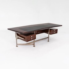 1960s Jules Leleu for Maison Leleu Executive Desk in Lacquered Wood & Stainless