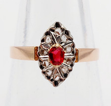 Bague marquise antique or rose 18k pierre rouge et diamant taille rose (1900)