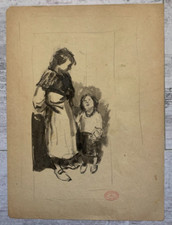Théodore VAN ELSEN (1896-1961) Encre Portrait Femme Mère Robe Enfant Cachet