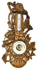 Antique BAROMETER THERMOMETER wood carved theme HUNTING