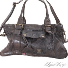 #1 MENSWEAR Belstaff England Espresso Crackled Leather Motorcycle Satchel Bag NR