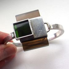 Brutalist Bauhaus Cuff,  Amber & Green Acrylic, Sterling Silver, 80s Sculptural