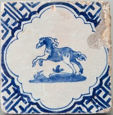 Nice Dutch Delft Blue animal tile, jumping horse, first half 17th. century.