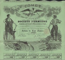 Comet Mining Company of Utah USA Frisco 1888 - 500 Francs -Silver & Copper Mines