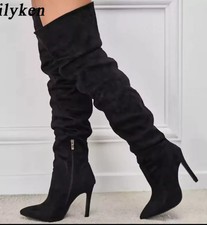 Bottes Au Dessus Du Genou Noires Talon 11 CM Élégantes Sexy En Daim ODA123
