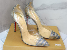 CHRISTIAN LOUBOUTIN DEBOUT 100 CLEAR PVC GOLD GITTER PUMPS HEELS 37.5 7 AMAZING!