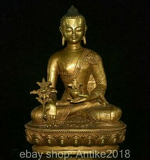 12" Old Tibet Bronze Gilt Religion Robe Menla Medicine Buddha Medical God Statue