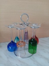 SERVICE 6 COLORED LIQUOR WALKING GLASSES ON ROUND METAL STAND