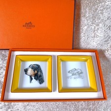 Hermes Mini Change Tray Rabbit & Dog Porcelain Ashtray Tray 8x8 cm w/Case