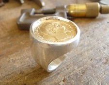 Chevalière argent ronde avec pièce 20 Francs or Napoléon III tête non laurée