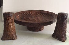 Vintage Faux Bois Plaster Console Bowl Candlesticks Rustic Cabin Decor ca 1971