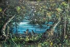 Personnages et pirogues, Ecole africaine, Huile sur toile signée, Peinture, XXe