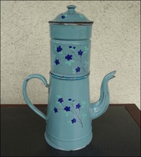 ANCIENNE CAFETIERE EMAILLEE BLEUE DECOR FLORAL COFFEE POT GRANITEWARE XIXe