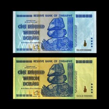 Lot of 2 Zimbabwe / Zimbabwe 100 Trillion Dollars Gold / Silver Banknote