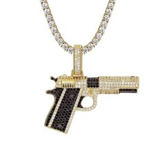 D/FL Round Moissanite & Black 14K Yellow Gold Over Weapon AK47 Gun Pendant 1.5"