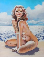 Femme nue sur la plage peinture art acrylique original bord de mer décoration...