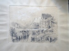 DESSIN AU CRAYON FIN XIX° PAYSAGE CHALET MONTAGNE SAVOIE SAVOYARD RIVIERE PONT