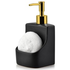 Distributeur Savon Cuisine 400ml Céramique Noire avec Éponge Porte-Éponge