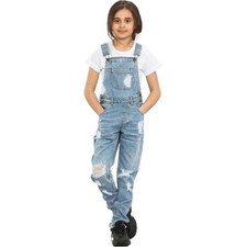 Enfants Filles Salopette Jeans Longue Bleu Clair Jean Déchiré Mode Combinaison