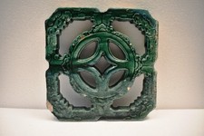 Ancien Chinois Toit Carreau Terre Cuite Panneau Percé Vert Vitré Treillis Motif