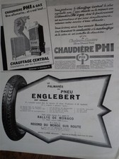 ENGLEBERT pneu palmarès + chaudière à gaz PHI publicité papier ILLUSTRATION 1928