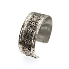 Bracelet manchette ancien filigrane métal argenté avec dragon gravé