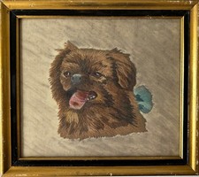 Cadre Photo Or Noir Avec Broderie Chien Pékinois Curiosité Antique Vintage