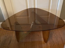 Isamu Noguchi Style Coffee Table Maple  Finish Base Smoky topaz clear table top